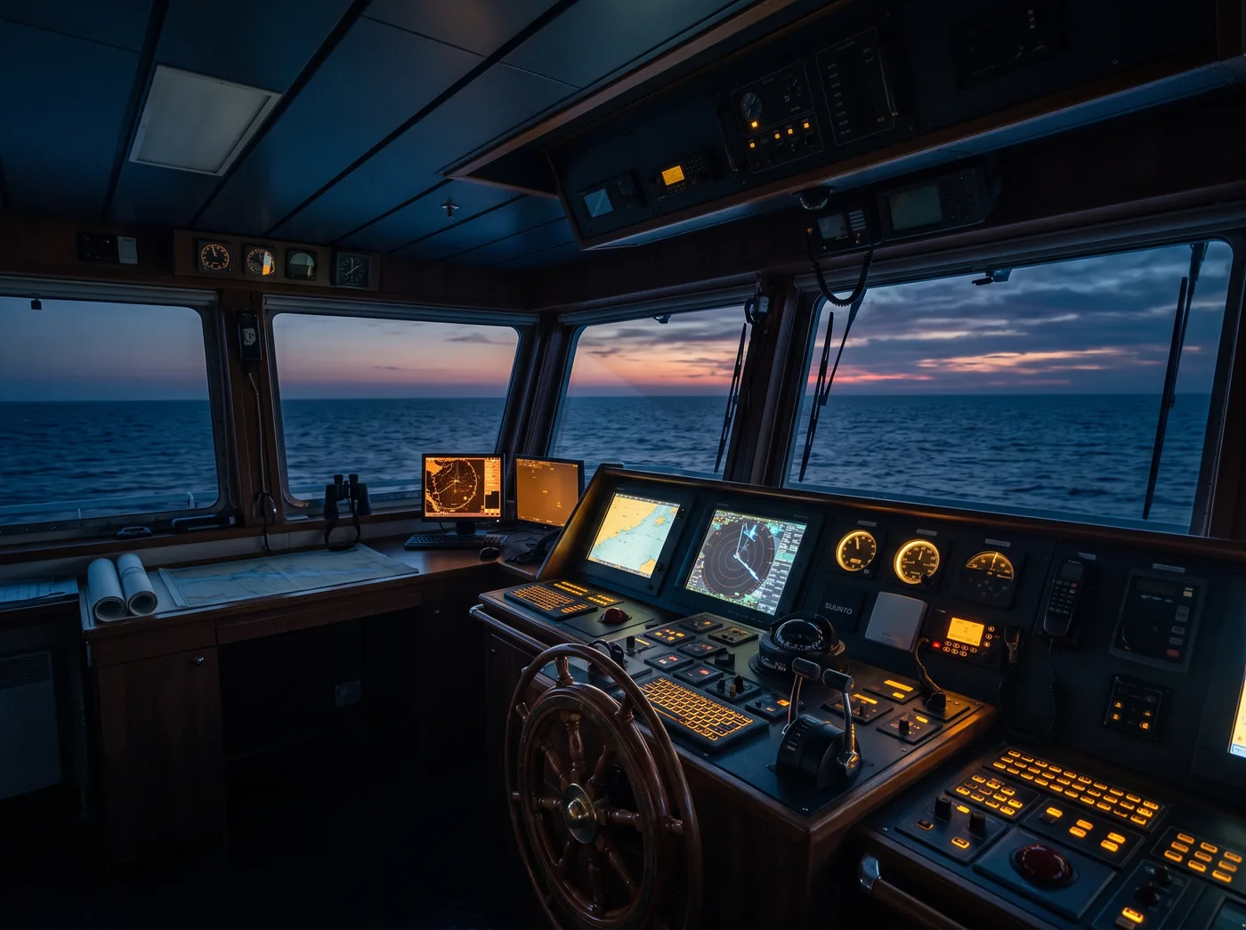 Ship's bridge with navigation equipment and a view of the open sea at dusk