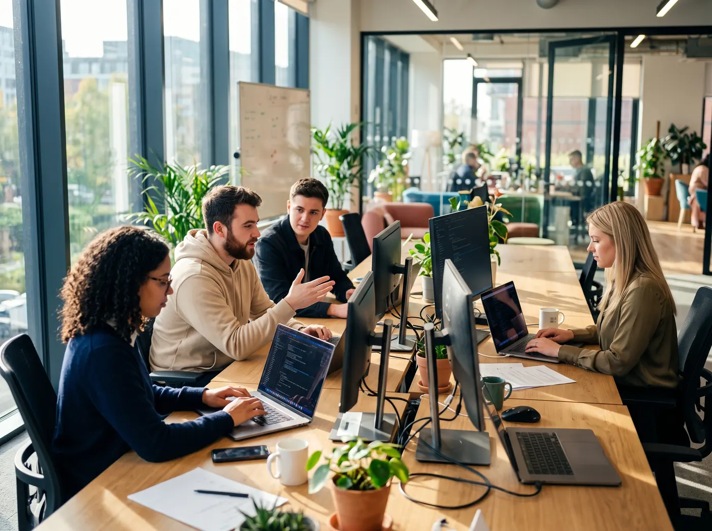 Omiko Marine's in-house software team at work in a bright office